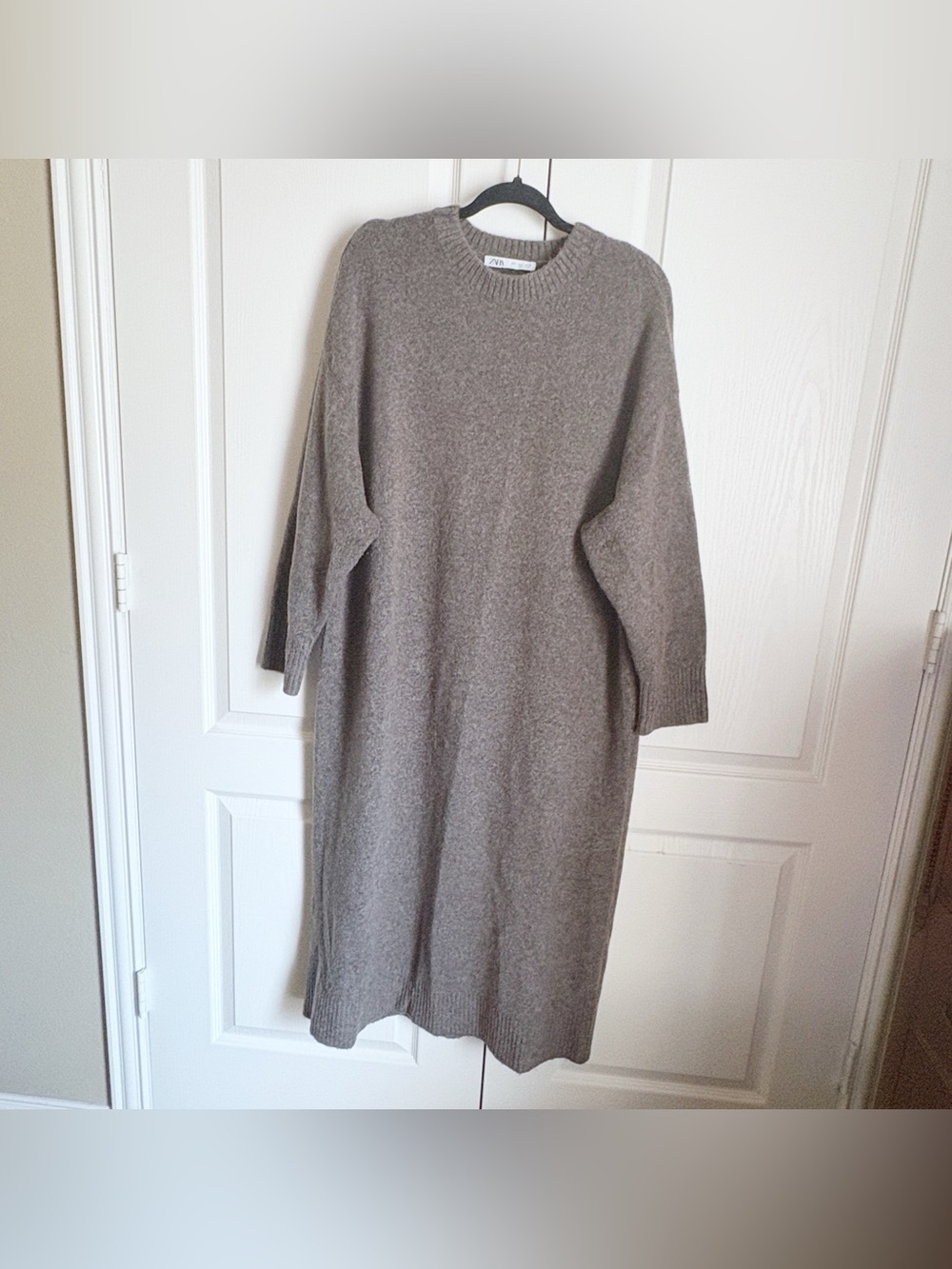 Zara Brown Wool Blend Long Sleeve Midi Sweater Dress Size Large